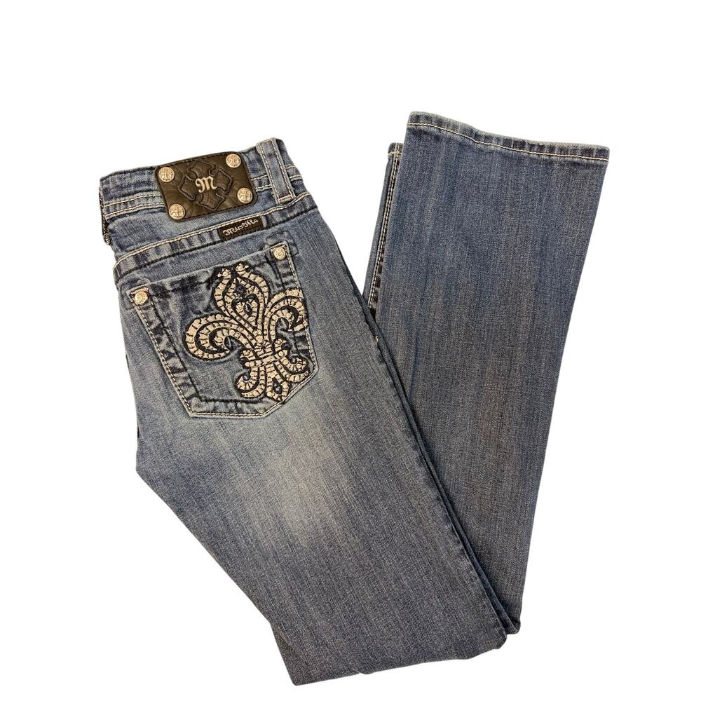 Miss Me Bootcut Jeans Women’s Size 30 Medium Wash Fleur De Lis Bling Y2K